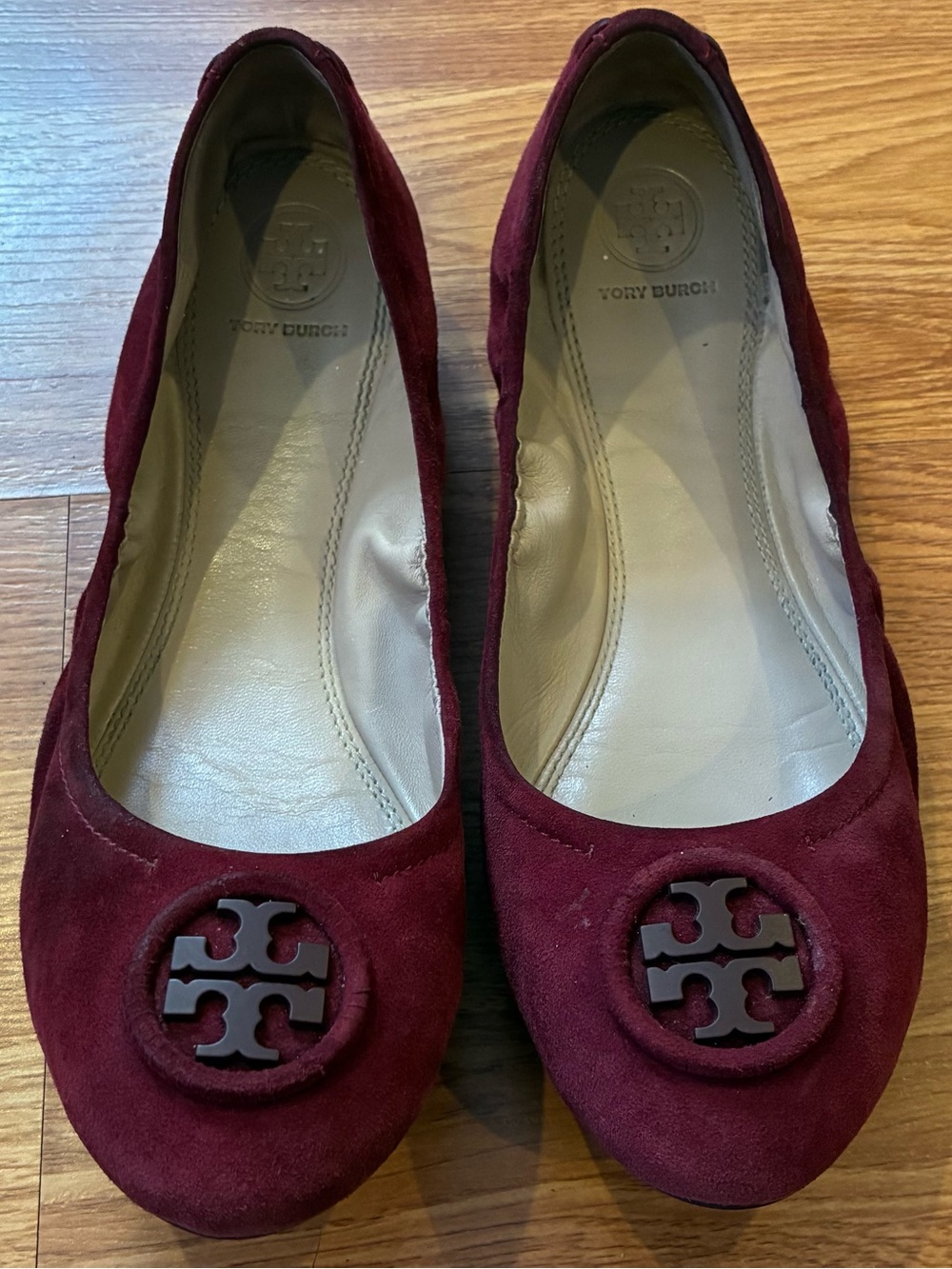 Tory Burch Wine Suede Logo Ballet Flats